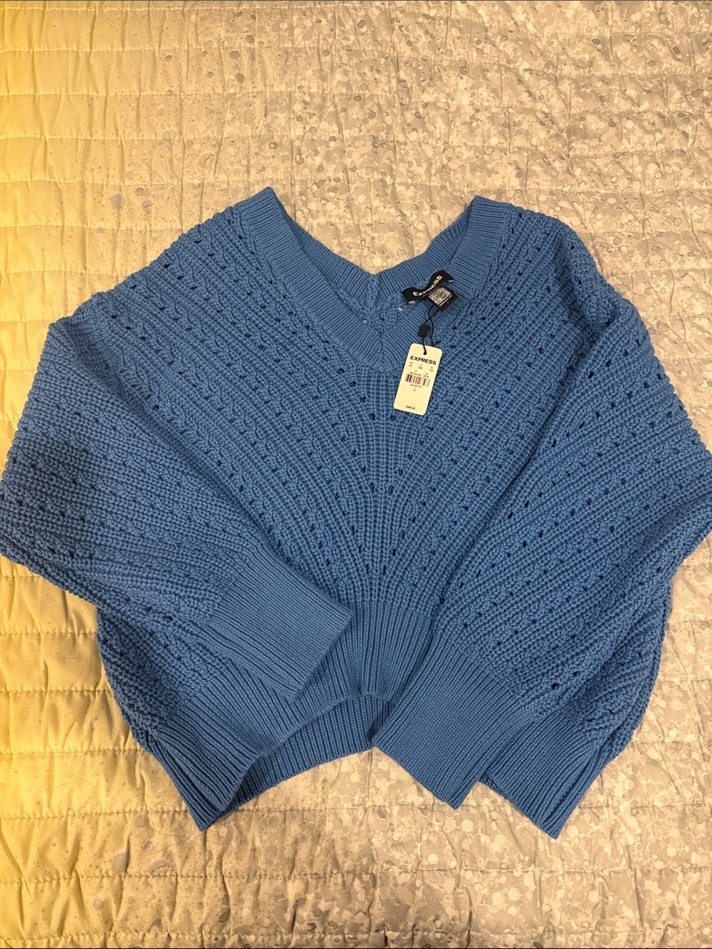 Express Sky Blue V-Neck Textured Knit Sweater